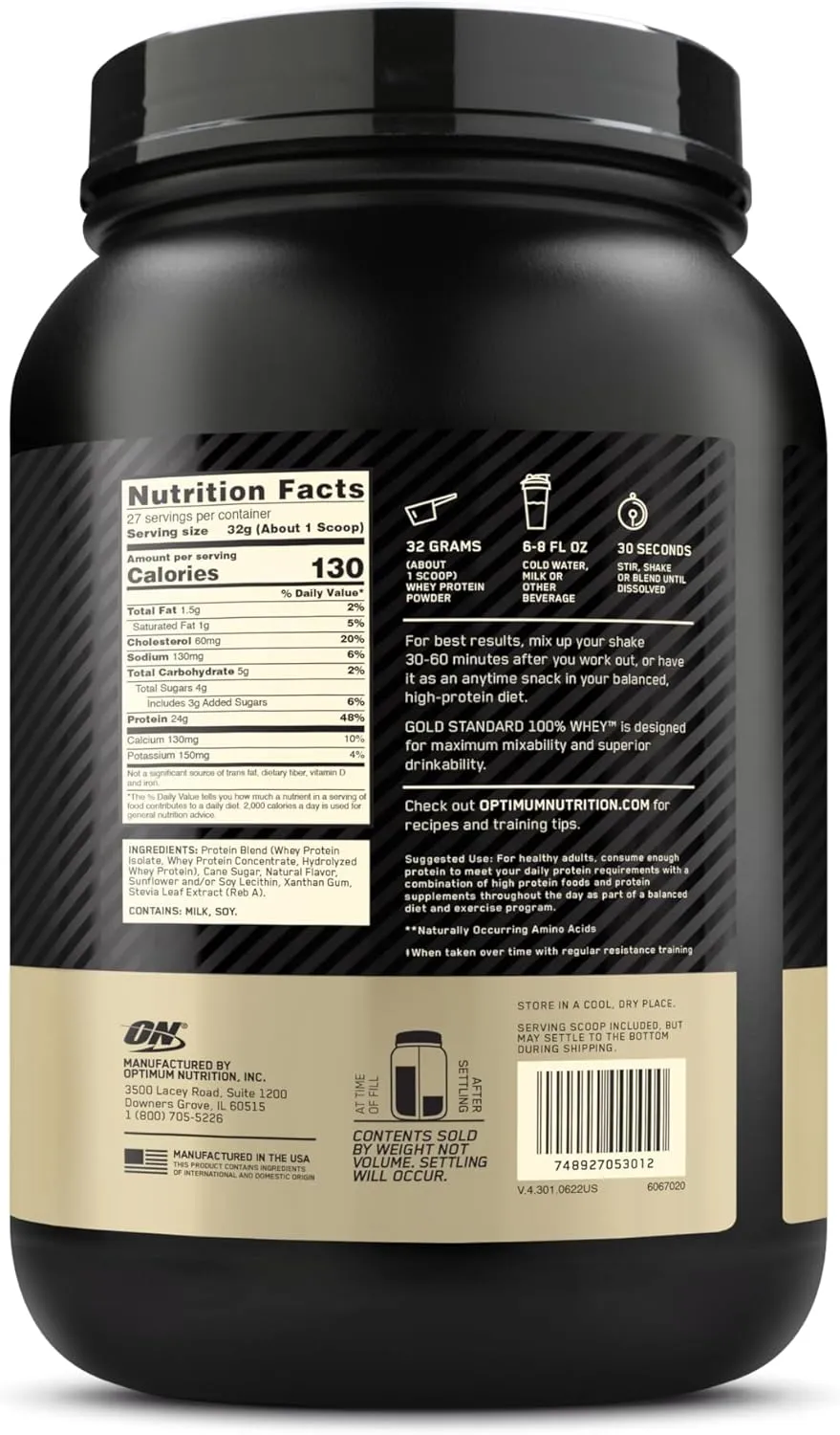 Optimum Nutrition Gold Standard 100% Whey Naturally Flavored Protein Powder, Vanilla, 1.9 Pound (Packaging May Vary)