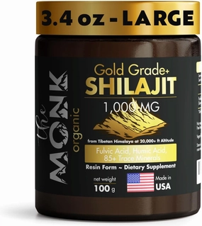 Organic Himalayan Shilajit Resin with Fulvic Acid, Humic Acid, 85  Minerals- Gold Grade Plus - 100g, 1000 mg Per Serving - Energy, Stamina, Brain Support - Made in The USA