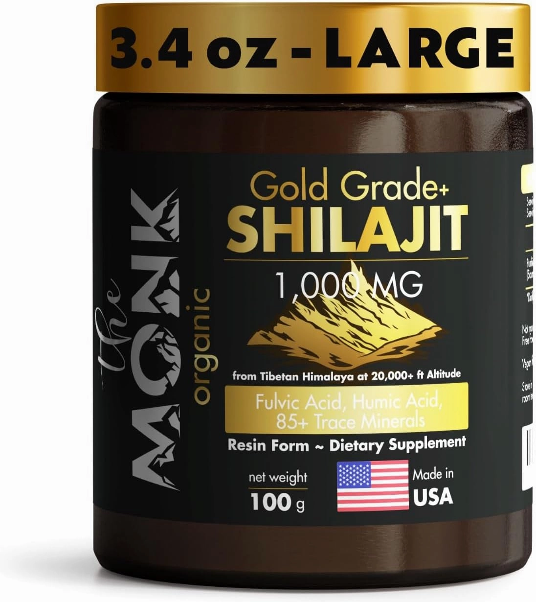 Organic Himalayan Shilajit Resin with Fulvic Acid, Humic Acid, 85  Minerals- Gold Grade Plus - 100g, 1000 mg Per Serving - Energy, Stamina, Brain Support - Made in The USA