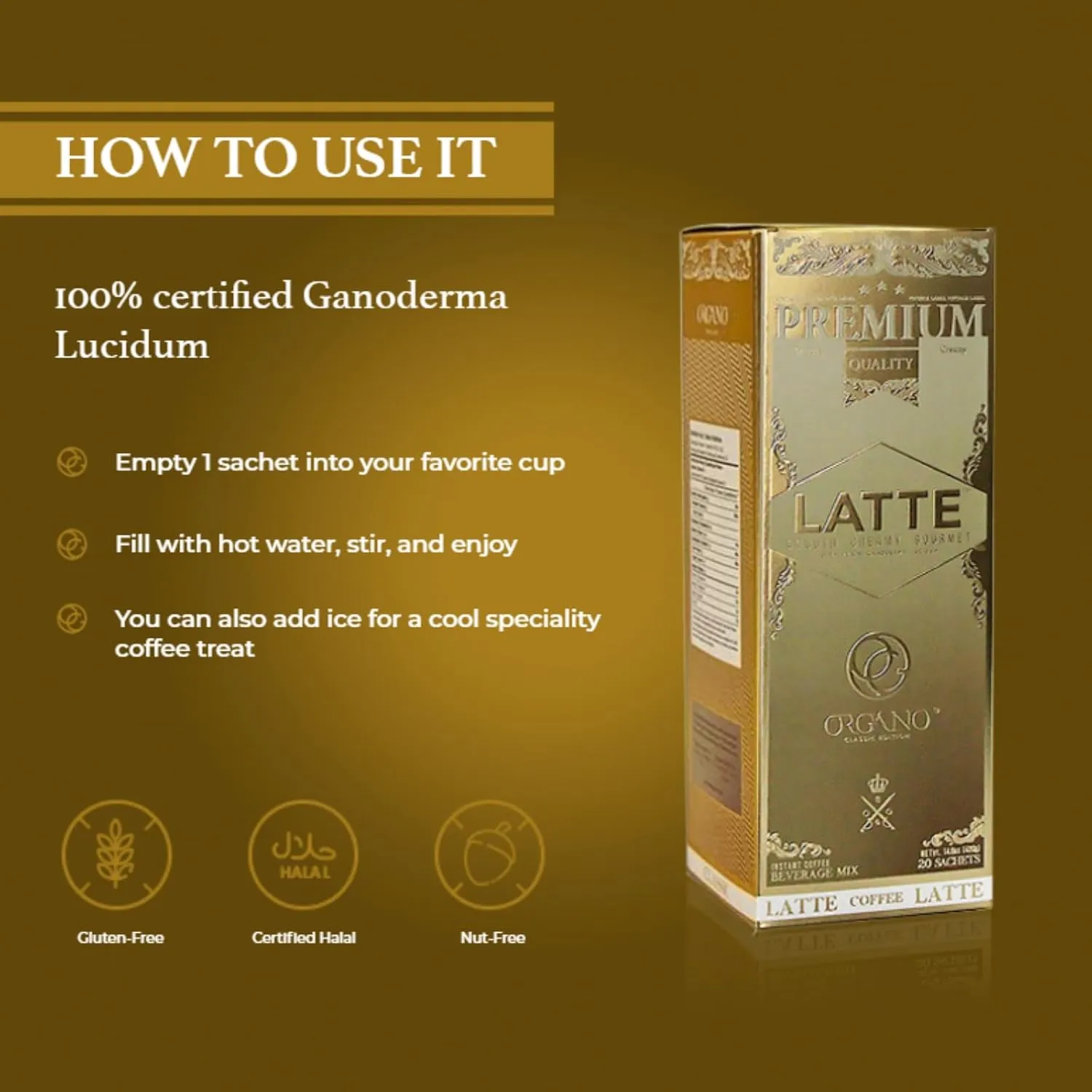 ORGANO 3 boxes Gourmet Cafe Latte, 100% Certified Ganoderma Lucidum (60 Sachets)