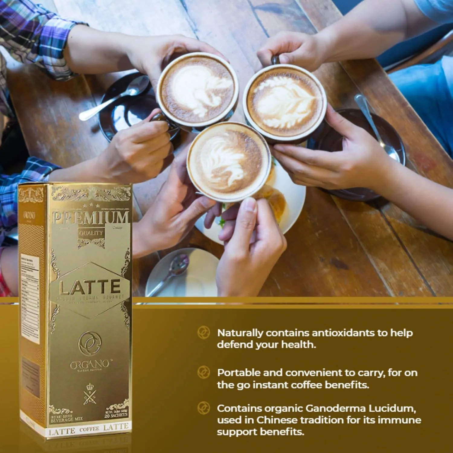 ORGANO 3 boxes Gourmet Cafe Latte, 100% Certified Ganoderma Lucidum (60 Sachets)