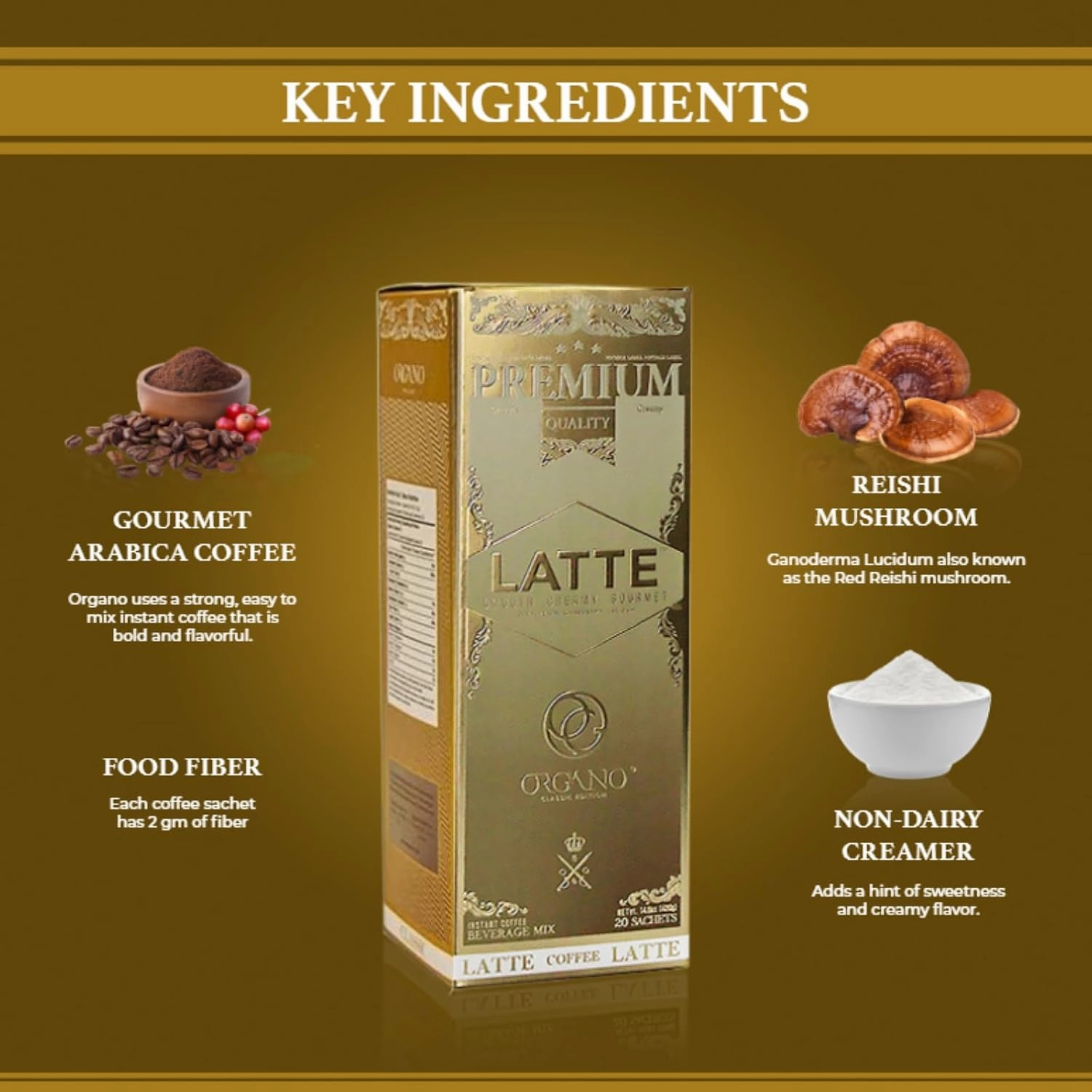 ORGANO Gourmet Cafe Latte, 100% Certified Ganoderma Lucidum (20 Sachets)