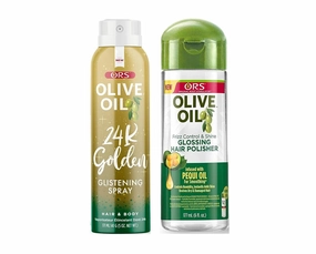 ORS Olive Oil Frizz Control and Shine Glossing Hair Polisher Olive Oil Style & Shine 24k Golden Glistening Spray - Bundle