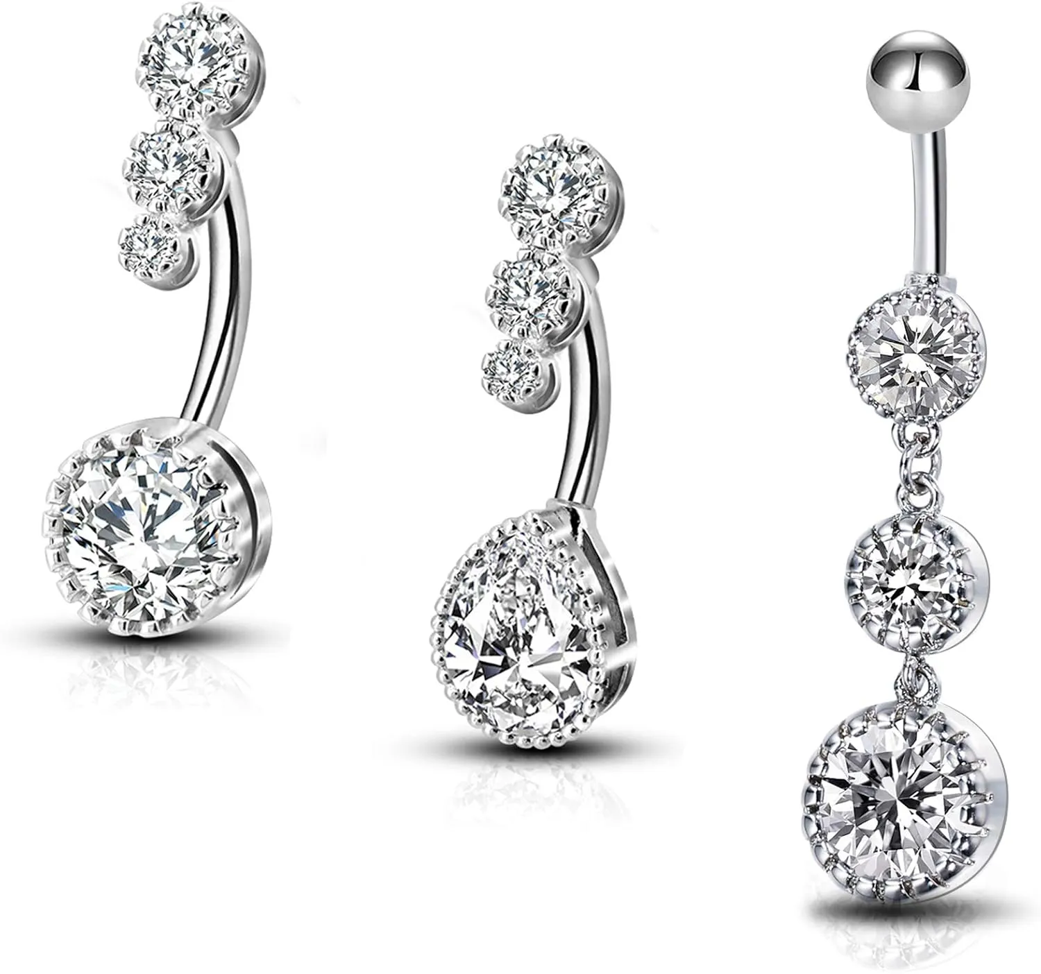 OUFER 3PCS Belly Button Rings, Clear CZ 316L Surgical Steel 14G Belly Rings Dangle Navel Rings Belly Rings Belly Piercing Jewelry