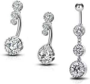 OUFER 3PCS Belly Button Rings, Clear CZ 316L Surgical Steel 14G Belly Rings Dangle Navel Rings Belly Rings Belly Piercing Jewelry