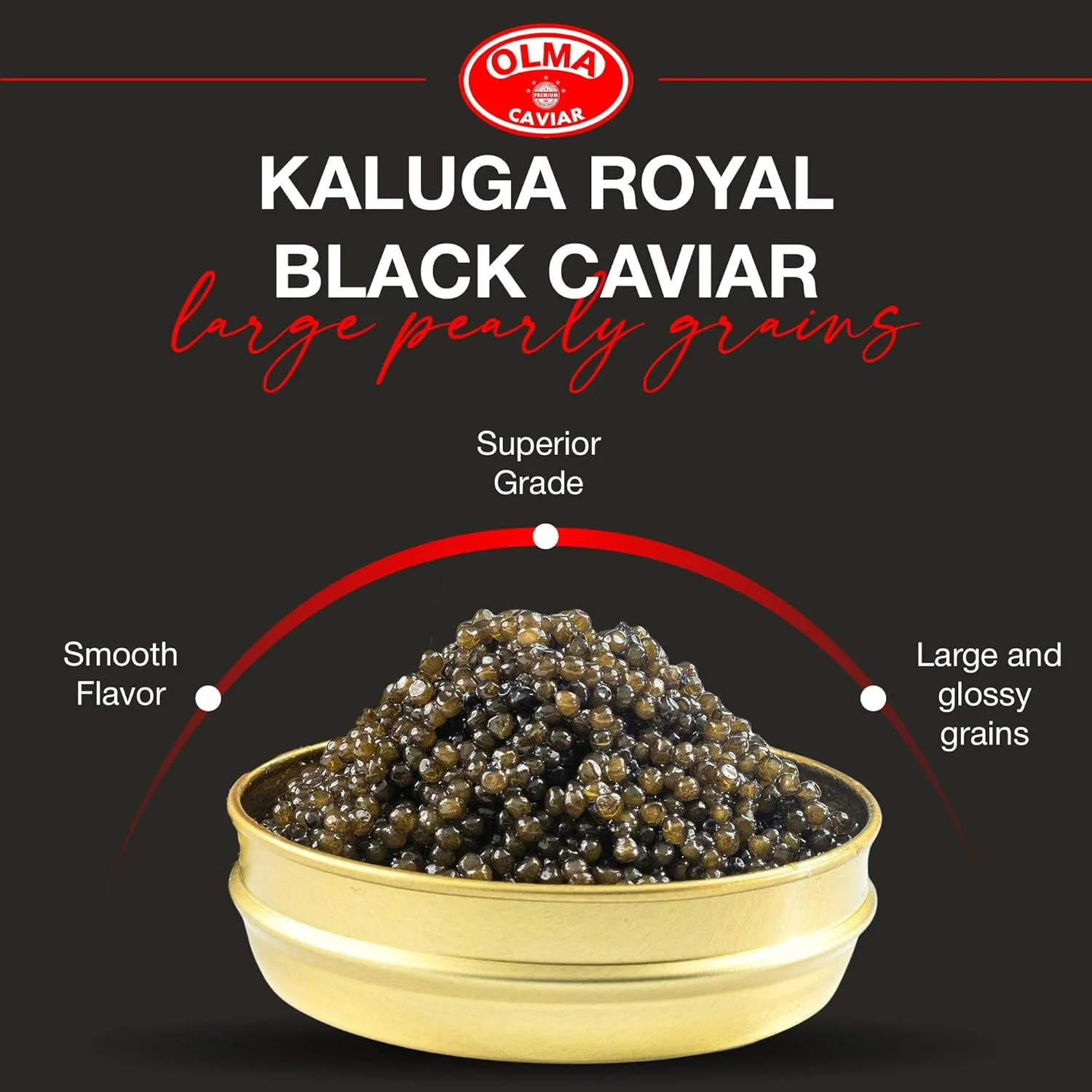 OVERNIGHT SHIPPING- OLMA Kaluga Sturgeon Black Caviar - Large Pearly Grains, Smooth Flavor, Superior Grade - 4.4 oz / 125 g