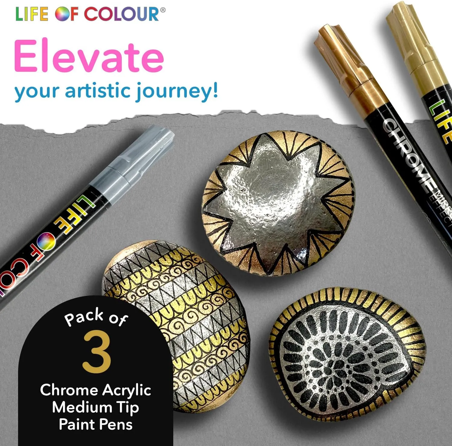 Paint Pens - Set of 3 Chrome Paint Pens-Silver, Copper, and Gold Markers - Mirror Finish Paint Pens for Rocks, Mandala Art, Black Paper, Wood, Glass - Reflective Paint for a Luxe Look