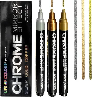 Paint Pens - Set of 3 Chrome Paint Pens-Silver, Copper, and Gold Markers - Mirror Finish Paint Pens for Rocks, Mandala Art, Black Paper, Wood, Glass - Reflective Paint for a Luxe Look