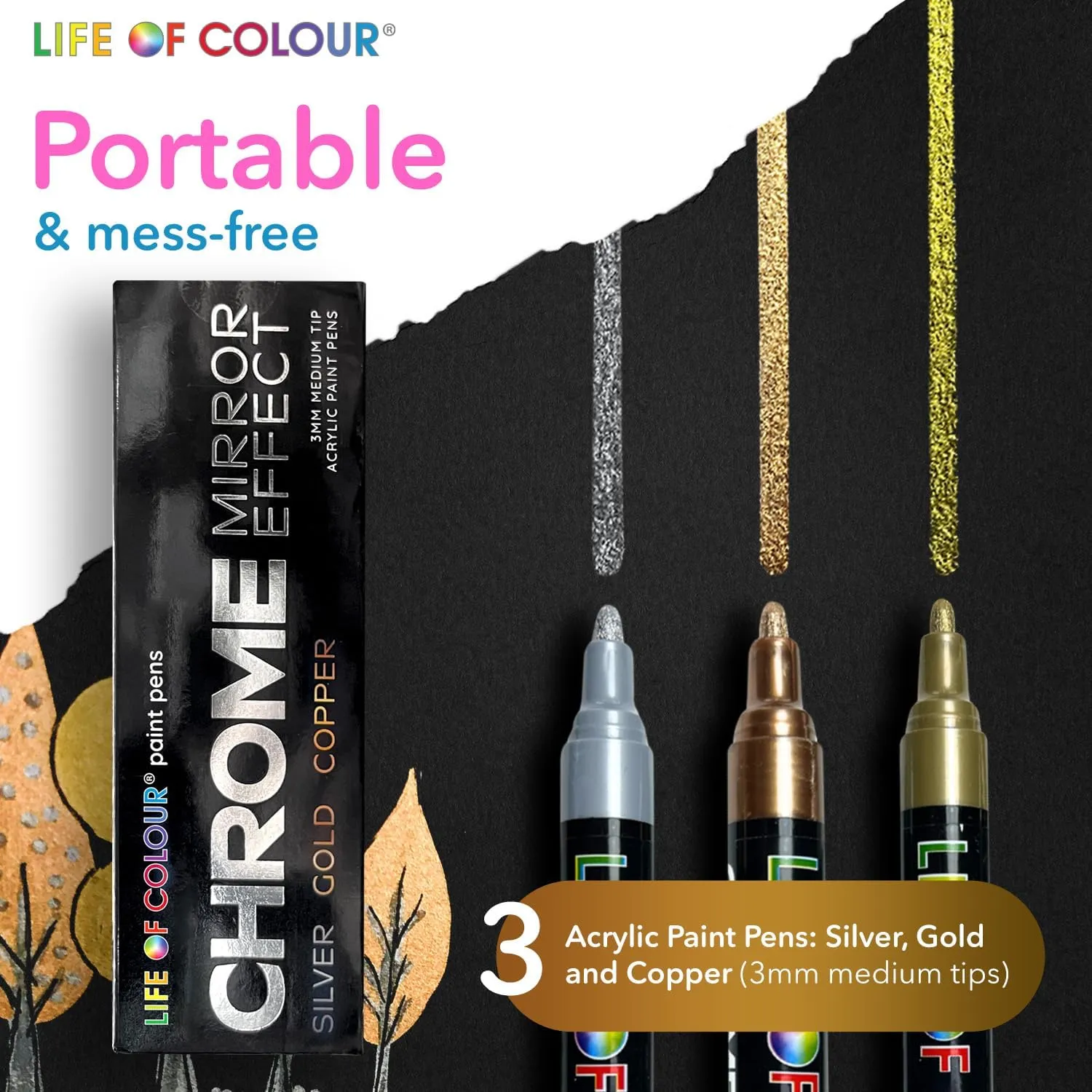 Paint Pens - Set of 3 Chrome Paint Pens-Silver, Copper, and Gold Markers - Mirror Finish Paint Pens for Rocks, Mandala Art, Black Paper, Wood, Glass - Reflective Paint for a Luxe Look