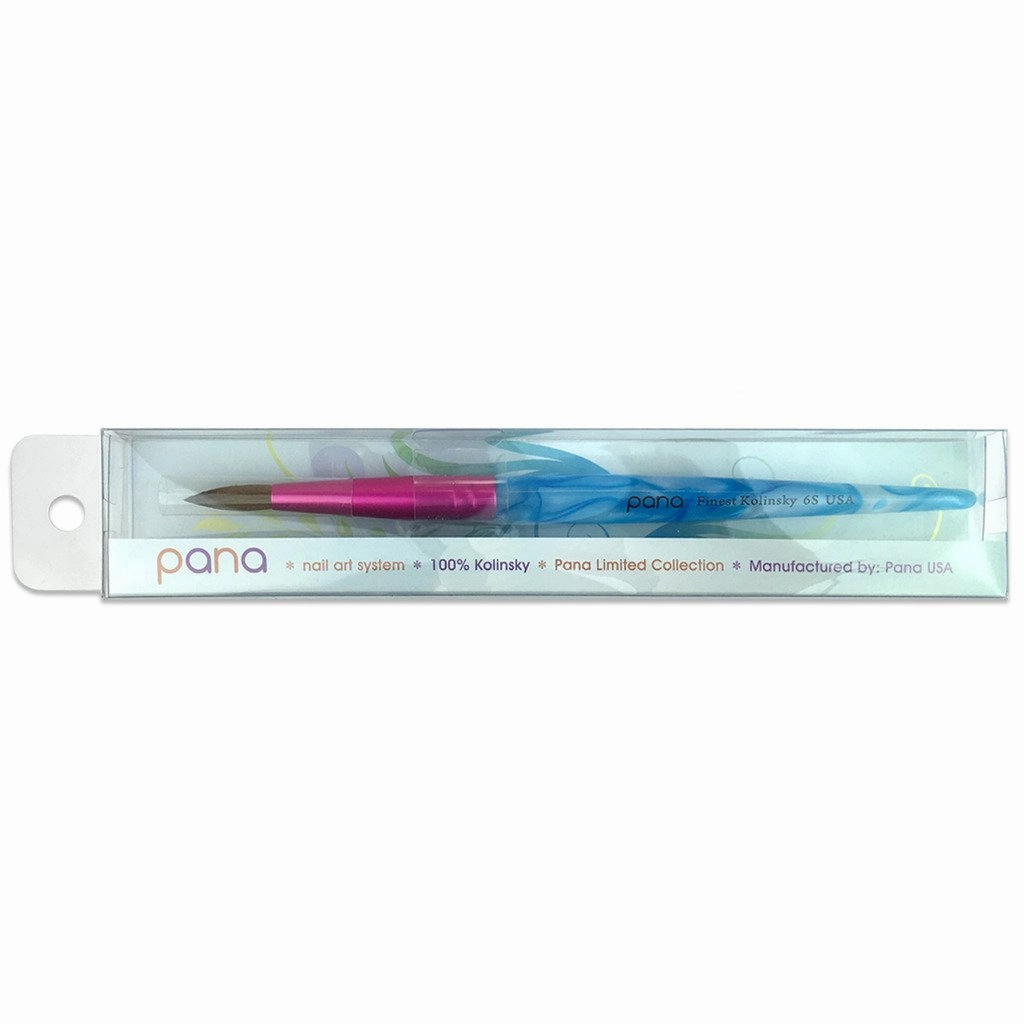 PANA Pure Kolinsky Hair Acrylic Nail Brush - Round Shape Pink Ferrule with White Swirl Blue Handle (Size 6) - Nail Brush for Acrylic Nail Application, Nail Extension, Manicure Pedicure Salon Beginner