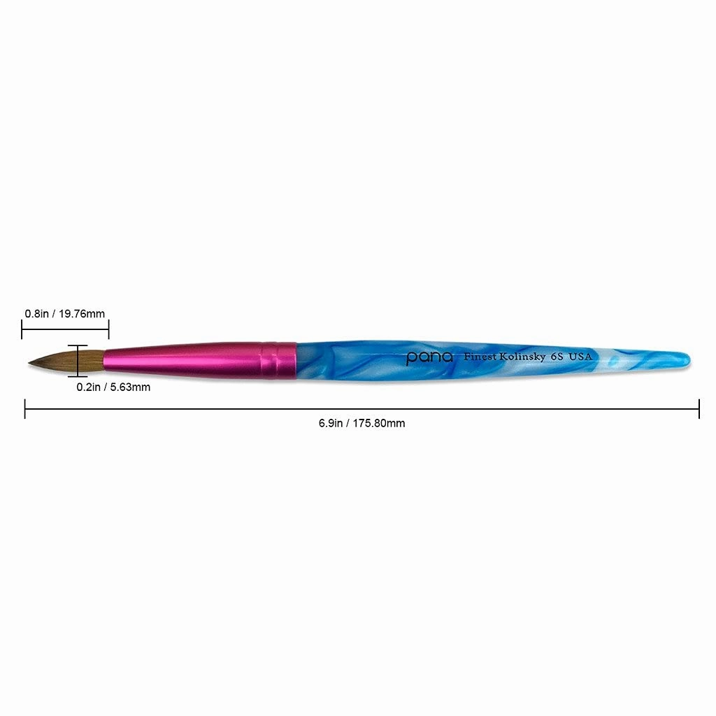 PANA Pure Kolinsky Hair Acrylic Nail Brush - Round Shape Pink Ferrule with White Swirl Blue Handle (Size 6) - Nail Brush for Acrylic Nail Application, Nail Extension, Manicure Pedicure Salon Beginner
