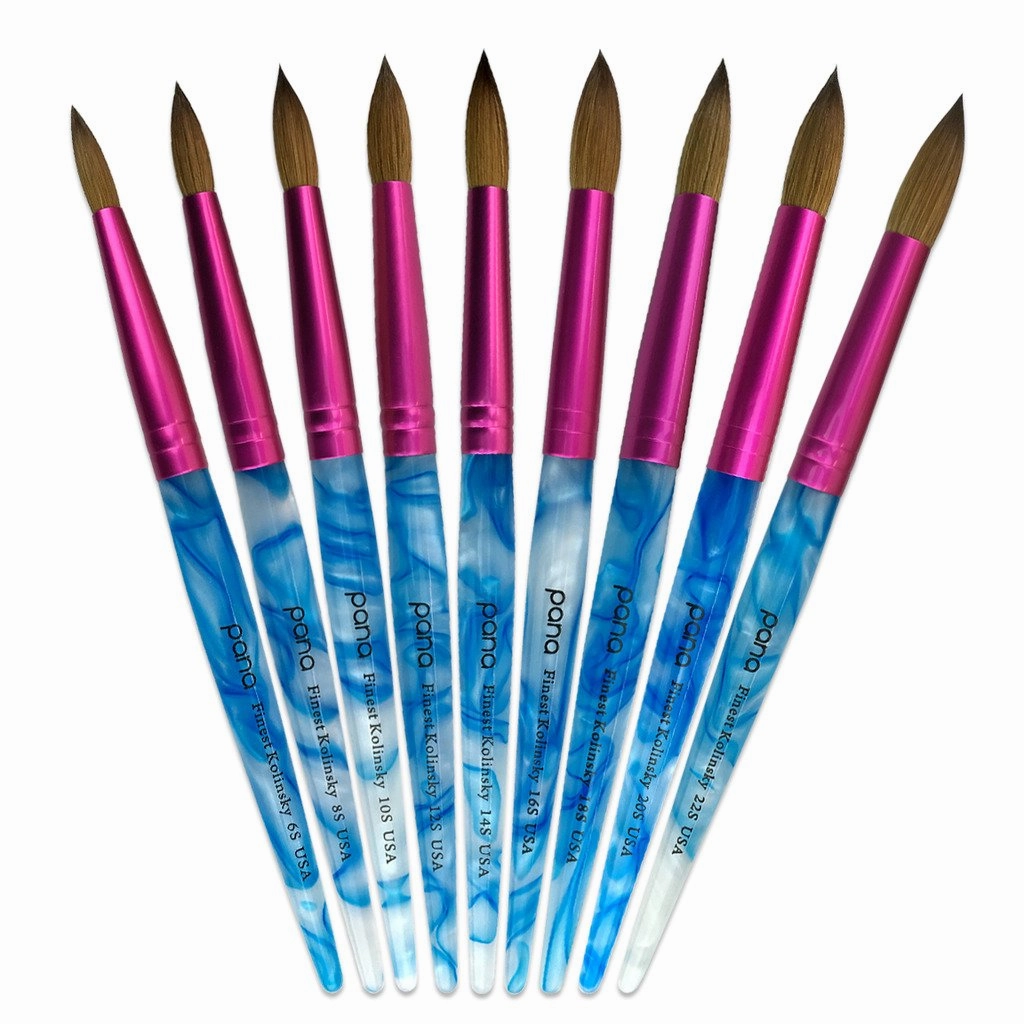 PANA Pure Kolinsky Hair Acrylic Nail Brush - Round Shape Pink Ferrule with White Swirl Blue Handle (Size 6) - Nail Brush for Acrylic Nail Application, Nail Extension, Manicure Pedicure Salon Beginner
