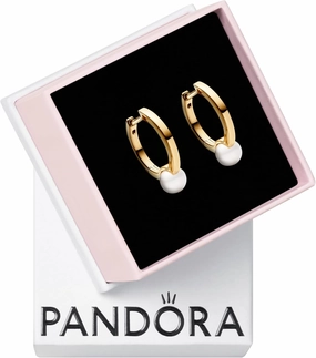 PANDORA Timeless Treated Freshwater Cultured Pearl Hoop Earrings - Gift for Her - 14k Gold-Plated Earrings with Treated freshwater Cultured Pearl - With Gift Box
