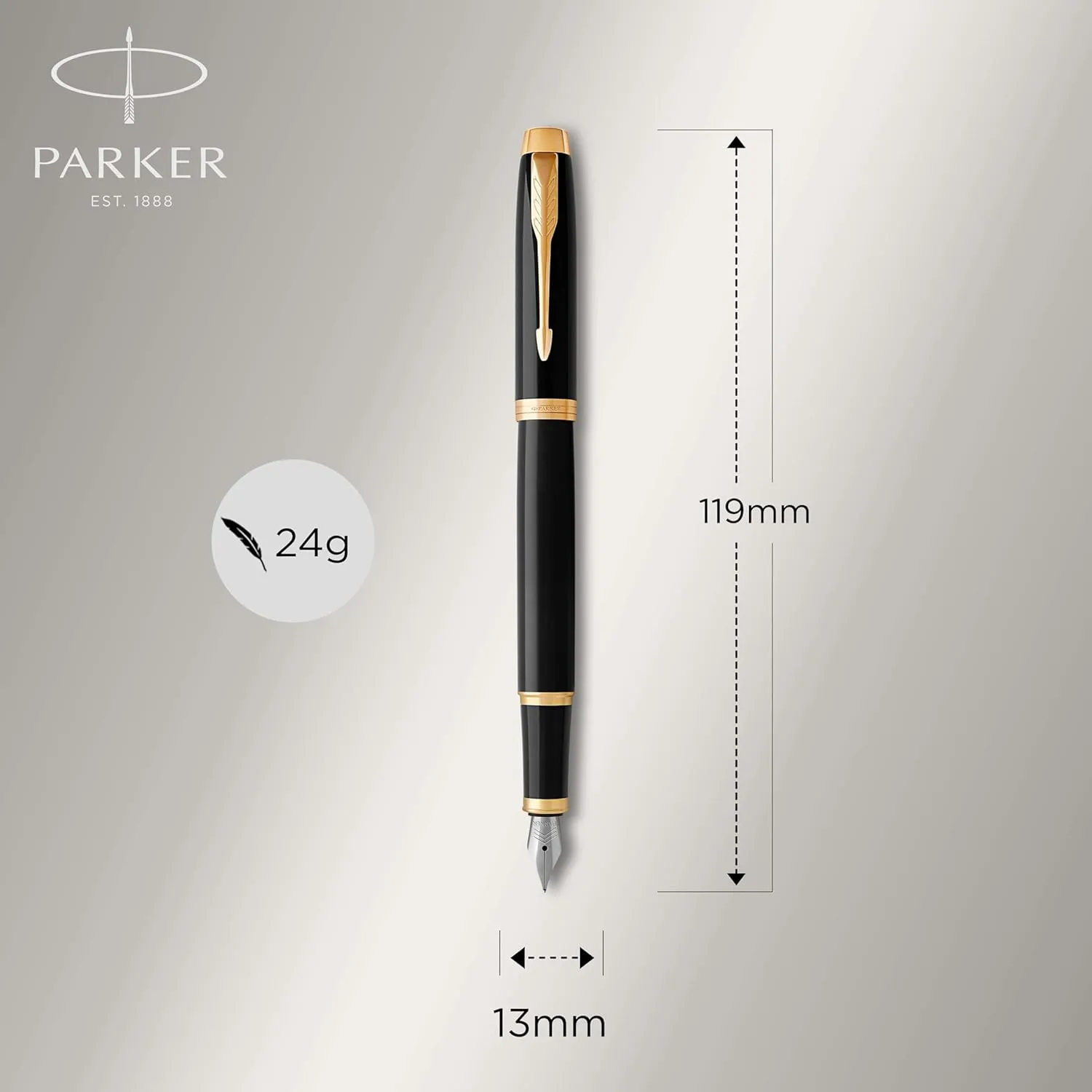 Parker IM Fountain Pen, Black Lacquer Gold Trim, Medium Nib with Blue Ink Refill, Gift Box (1931652)