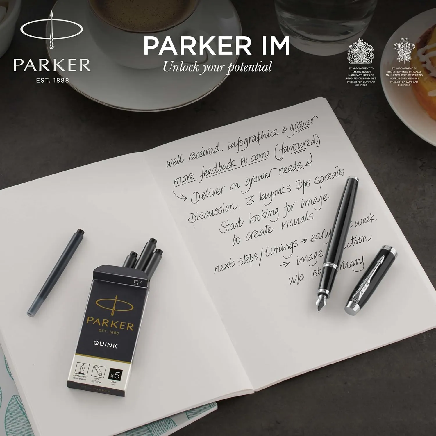Parker IM Fountain Pen, Black Lacquer Gold Trim, Medium Nib with Blue Ink Refill, Gift Box (1931652)