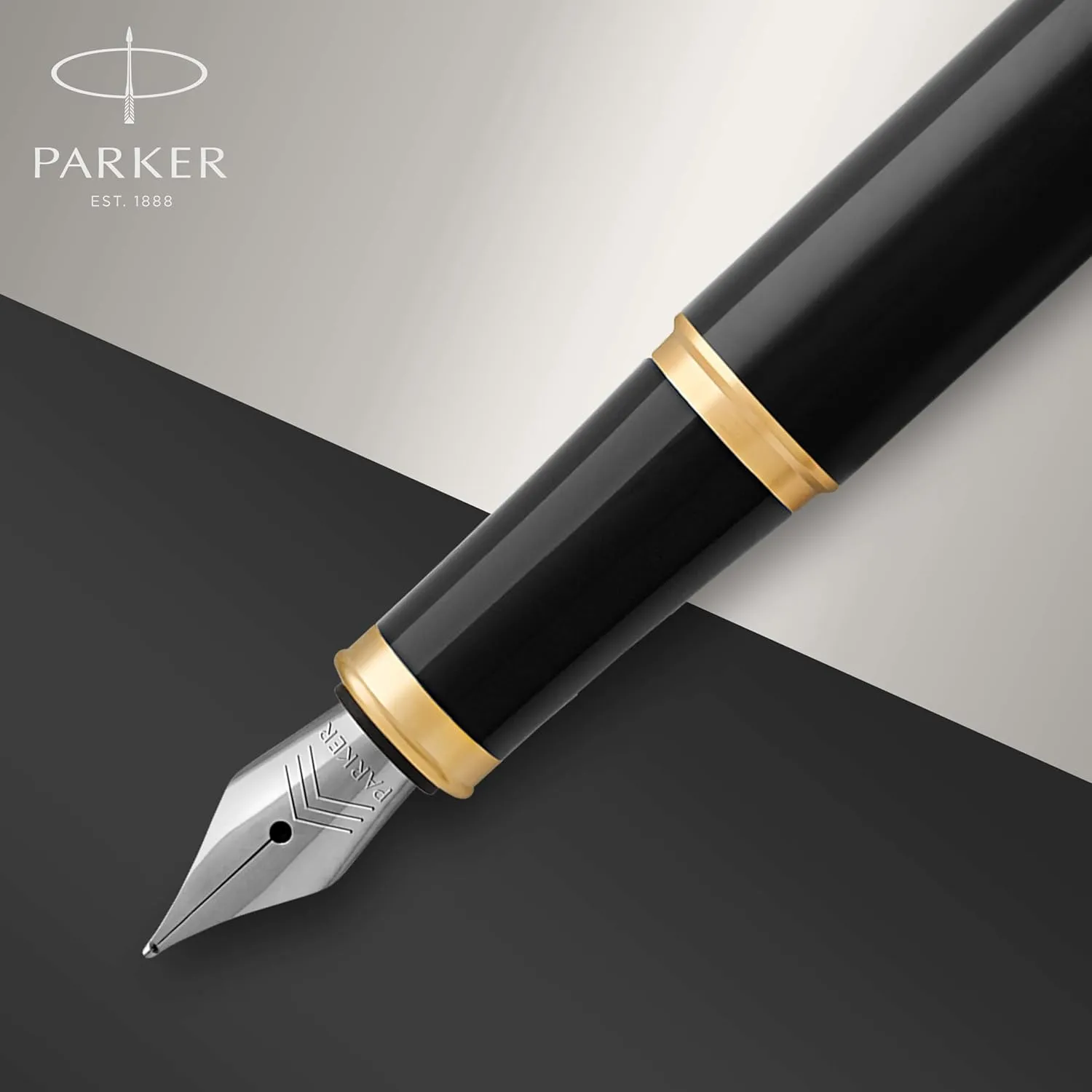 Parker IM Fountain Pen, Black Lacquer Gold Trim, Medium Nib with Blue Ink Refill, Gift Box (1931652)