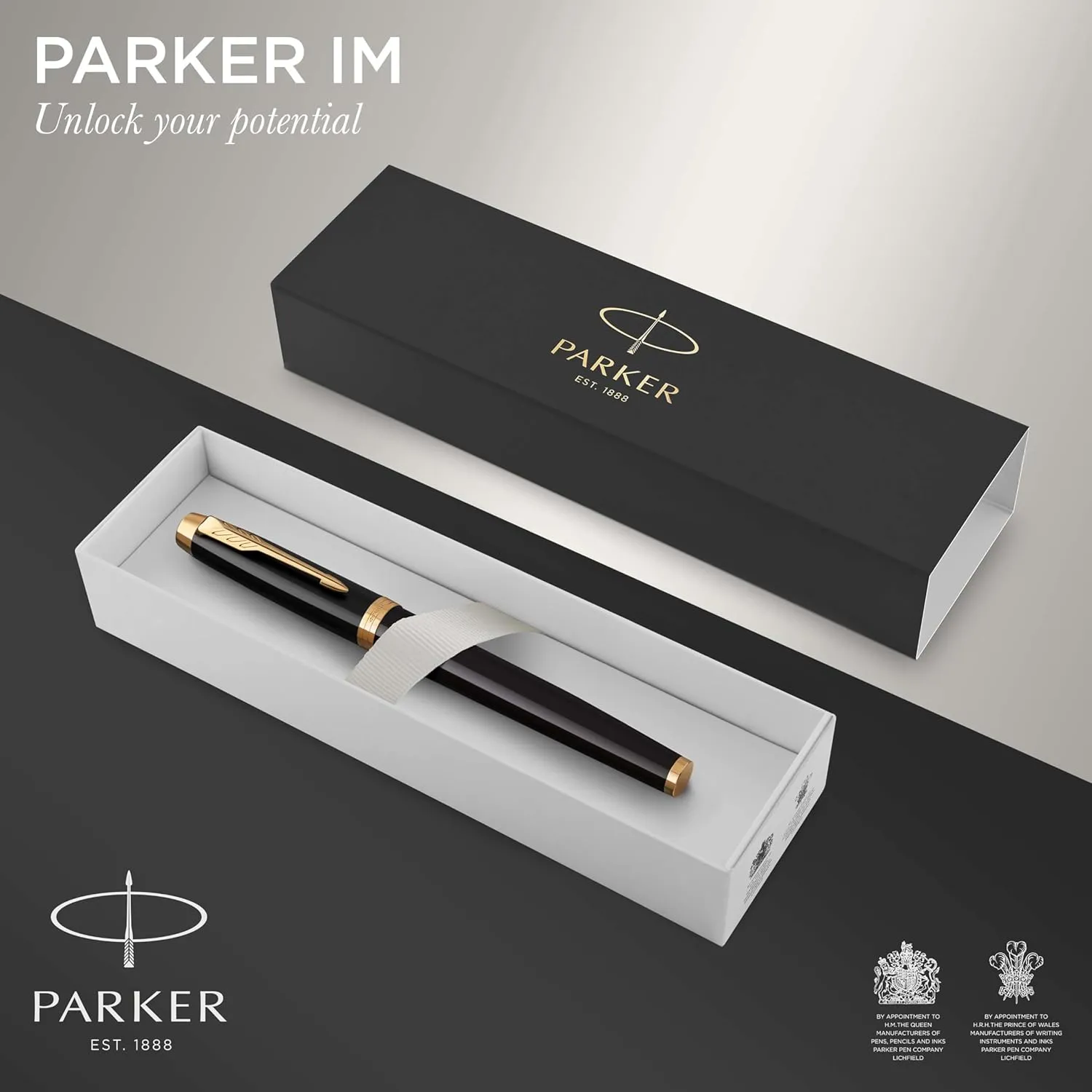 Parker IM Fountain Pen, Black Lacquer Gold Trim, Medium Nib with Blue Ink Refill, Gift Box (1931652)