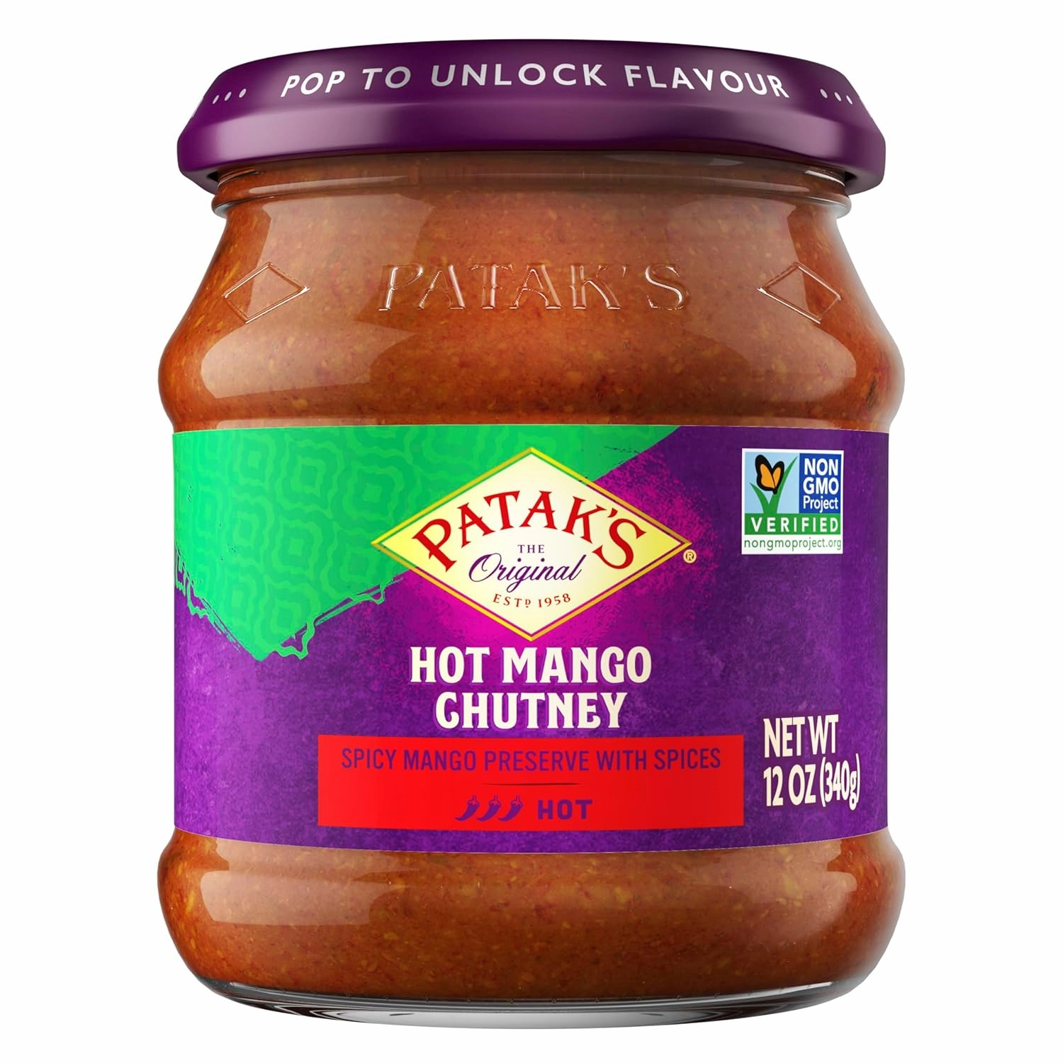 Patak's Hot Mango Chutney - 12 Oz (Pack of 3) With Mangos, Dried Red Chile, and Spices, No Artificial Flavors or Colors, Gluten Free, Vegetarian Friendly