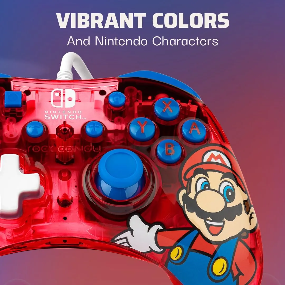 PDP Gaming Rock Candy Wired Power Nintendo Switch Pro Controller, Officially Licensed Lite/OLED Compatible Gamepad, Super Mario (Red)