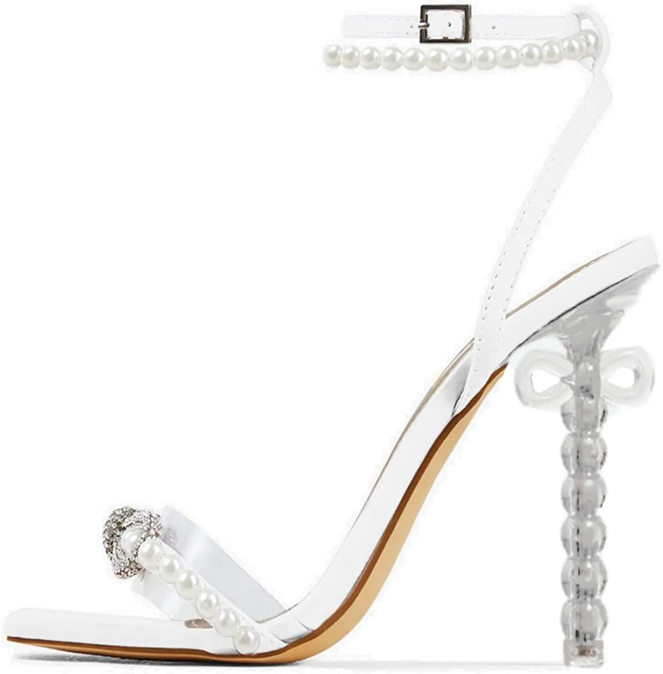 Pearl Heels for Women Sexy Square Toe Rhinestone Bow Clear Heel Sandals