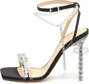 Pearl Heels for Women Sexy Square Toe Rhinestone Bow Clear Heel Sandals