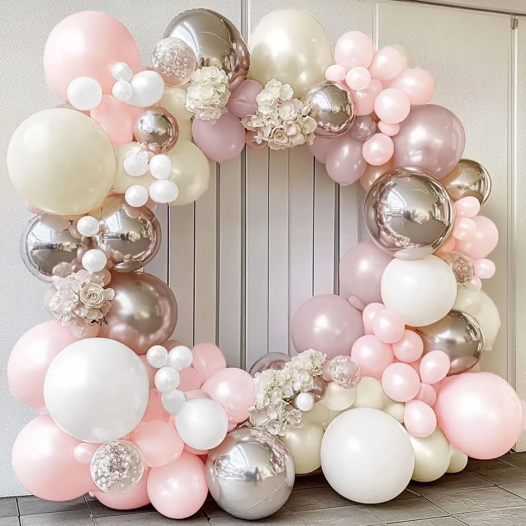 Pearl White and Pink Balloon Arch Double Stuffed Light Pink White Silver Balloon Garland with Sliver Foil Latex Balloons for Neutral Birthday Baby Girl Bridal Shower Wedding Party Decoration