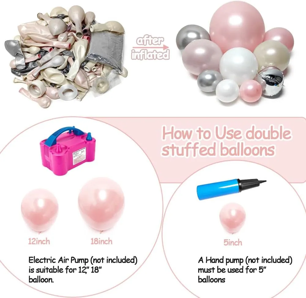 Pearl White and Pink Balloon Arch Double Stuffed Light Pink White Silver Balloon Garland with Sliver Foil Latex Balloons for Neutral Birthday Baby Girl Bridal Shower Wedding Party Decoration