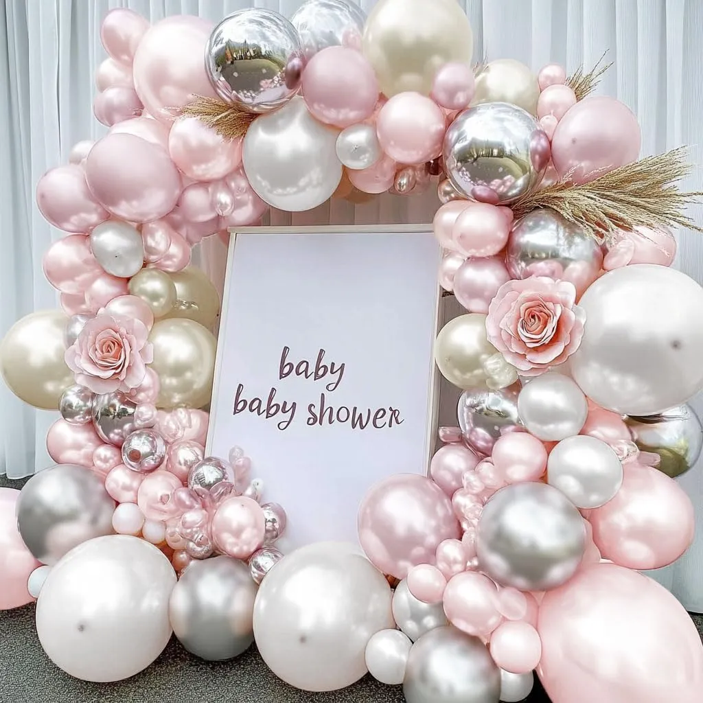 Pearl White and Pink Balloon Arch Double Stuffed Light Pink White Silver Balloon Garland with Sliver Foil Latex Balloons for Neutral Birthday Baby Girl Bridal Shower Wedding Party Decoration