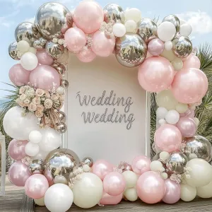 Pearl White and Pink Balloon Arch Double Stuffed Light Pink White Silver Balloon Garland with Sliver Foil Latex Balloons for Neutral Birthday Baby Girl Bridal Shower Wedding Party Decoration