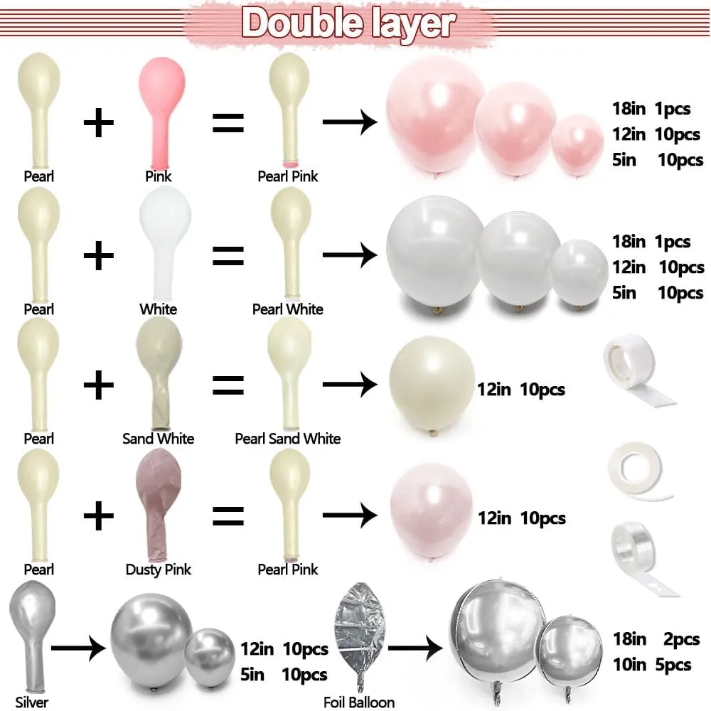 Pearl White and Pink Balloon Arch Double Stuffed Light Pink White Silver Balloon Garland with Sliver Foil Latex Balloons for Neutral Birthday Baby Girl Bridal Shower Wedding Party Decoration