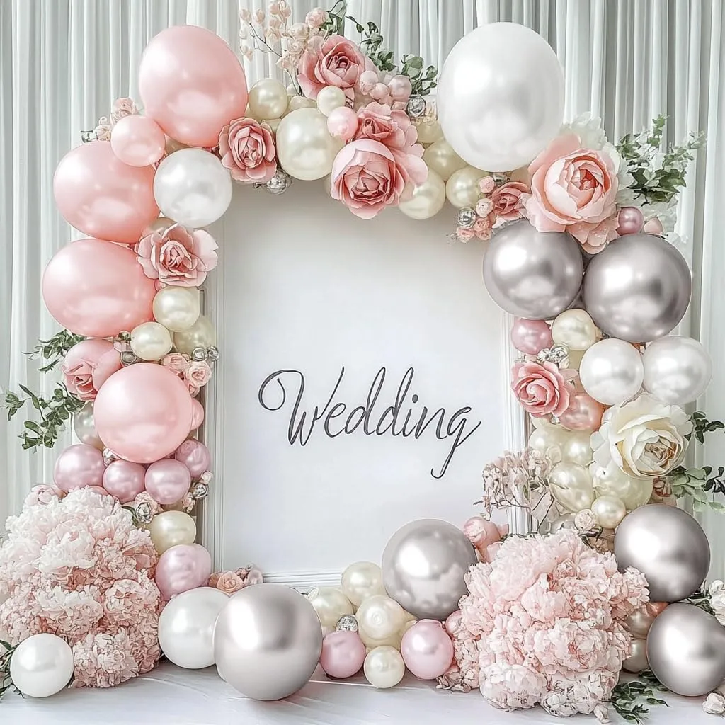 Pearl White and Pink Balloon Arch Double Stuffed Light Pink White Silver Balloon Garland with Sliver Foil Latex Balloons for Neutral Birthday Baby Girl Bridal Shower Wedding Party Decoration