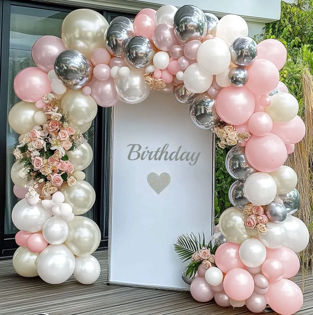 Pearl White and Pink Balloon Arch Double Stuffed Light Pink White Silver Balloon Garland with Sliver Foil Latex Balloons for Neutral Birthday Baby Girl Bridal Shower Wedding Party Decoration