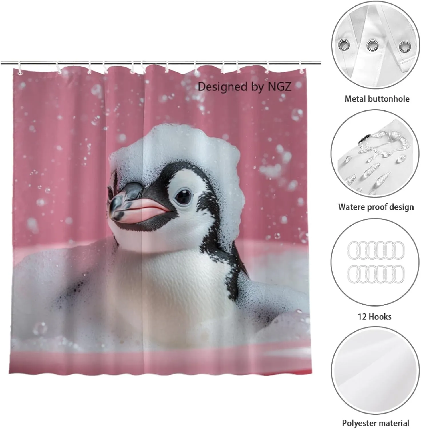 Penguin Pink Shower Curtain, Cute Penguin with Soap Bubble, Pink Shower Curtain Set with 12 Hooks for Spring Summer Bathroom Decor, 72X72inch