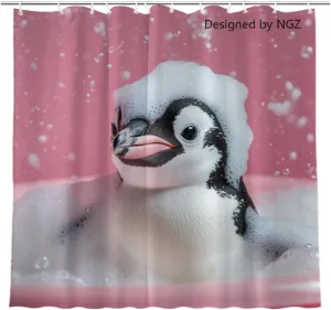 Penguin Pink Shower Curtain, Cute Penguin with Soap Bubble, Pink Shower Curtain Set with 12 Hooks for Spring Summer Bathroom Decor, 72X72inch