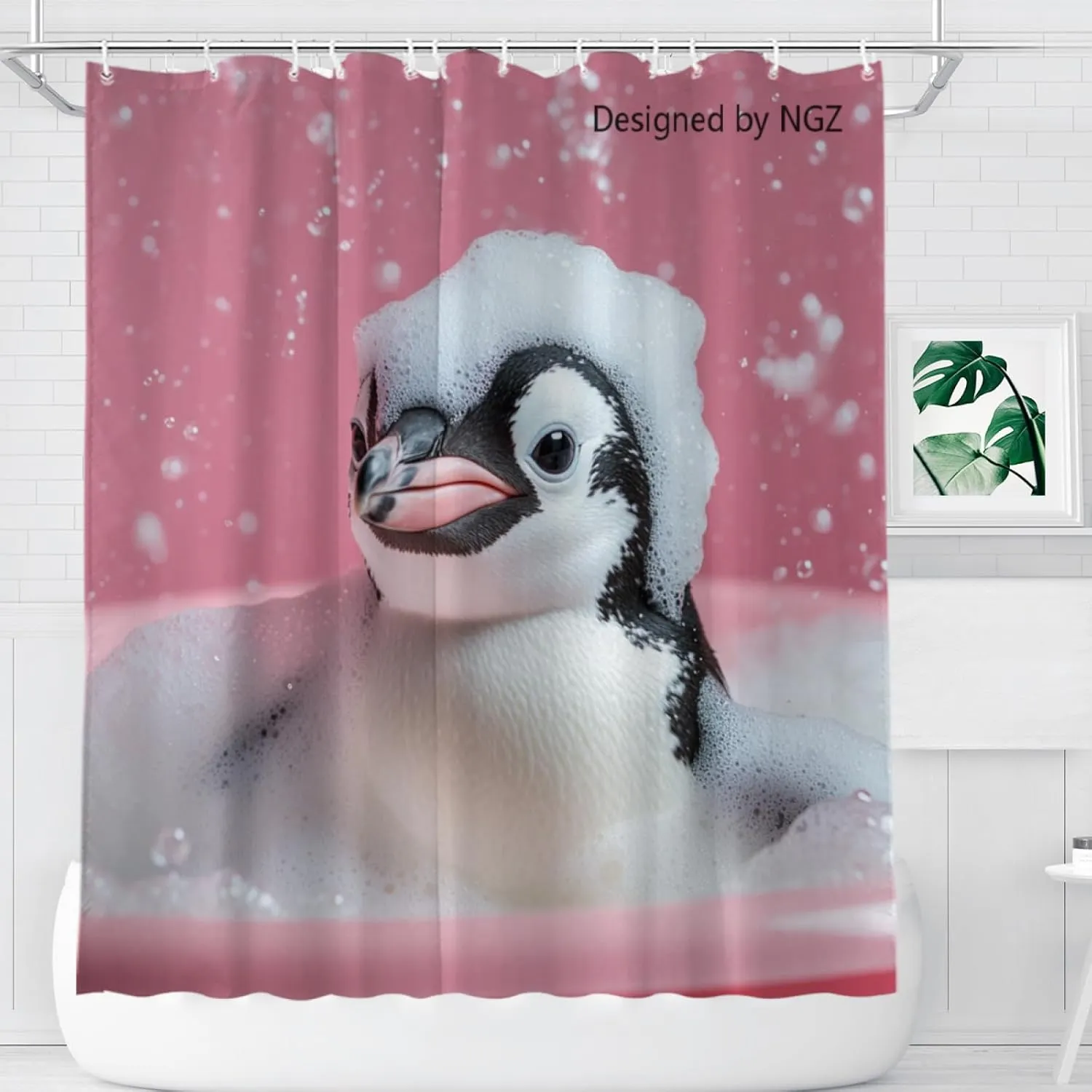 Penguin Pink Shower Curtain, Cute Penguin with Soap Bubble, Pink Shower Curtain Set with 12 Hooks for Spring Summer Bathroom Decor, 72X72inch