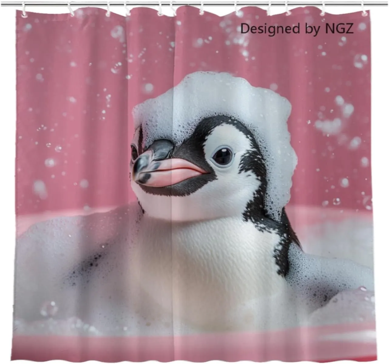Penguin Pink Shower Curtain, Cute Penguin with Soap Bubble, Pink Shower Curtain Set with 12 Hooks for Spring Summer Bathroom Decor, 72X72inch