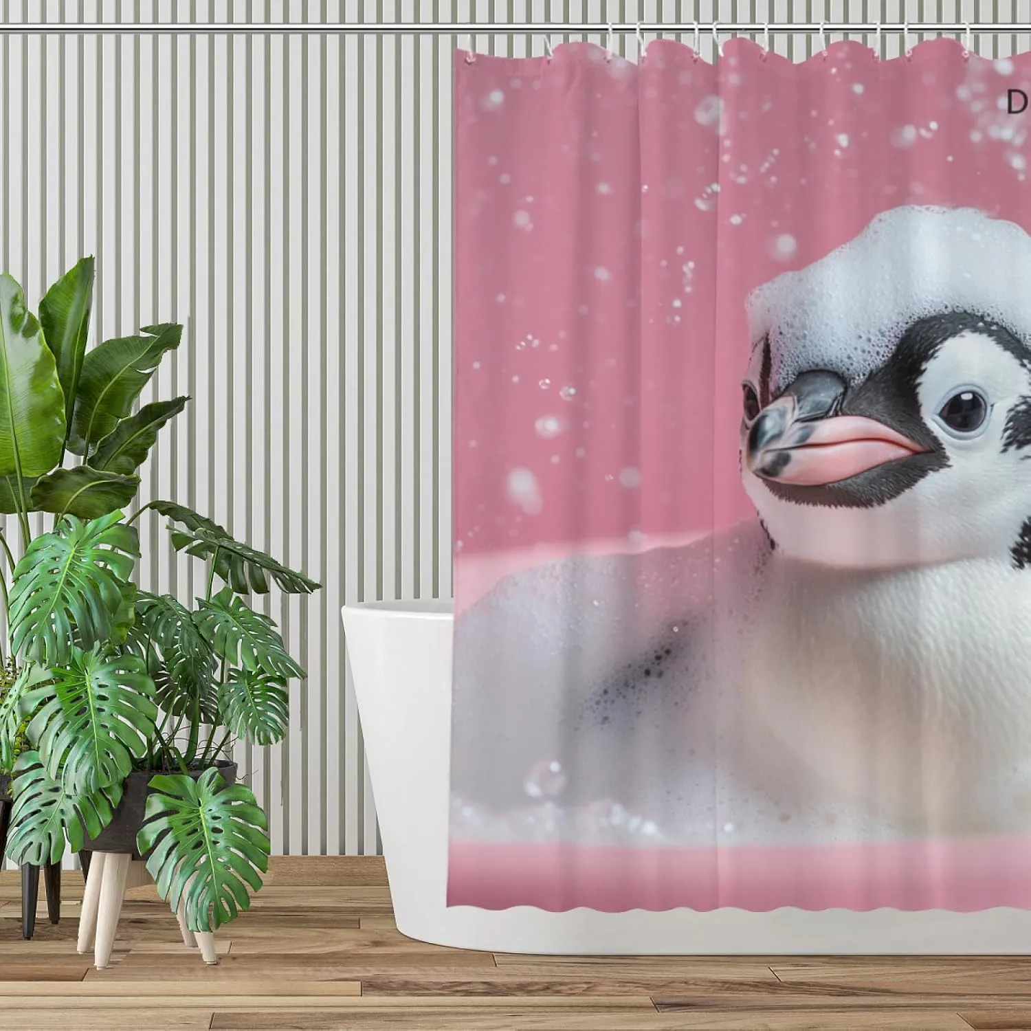 Penguin Pink Shower Curtain, Cute Penguin with Soap Bubble, Pink Shower Curtain Set with 12 Hooks for Spring Summer Bathroom Decor, 72X72inch