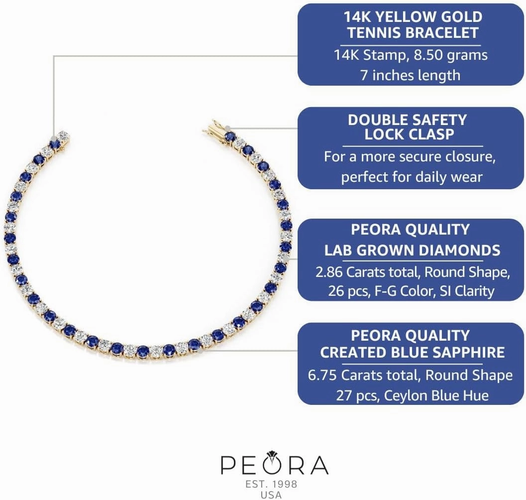 PEORA 14K Gold 6-9.50ctw Gemstone & Lab Grown Diamond Tennis Bracelet 3mm Round AAA Grade, 7 inches length