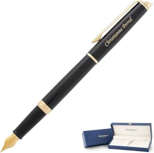 Personalized Waterman Fountain Pen | Engraved Waterman Hemisphere Fountain Pen Medium Nib - Glossy Black Finish with Gold Trim, Gift Box, Starter Ink.