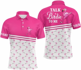 Personalized Mens Golf Polo, Golf Polo, Mens Golf Shirt, Pink and White Flamingo Golf Shirts Talk Birdie