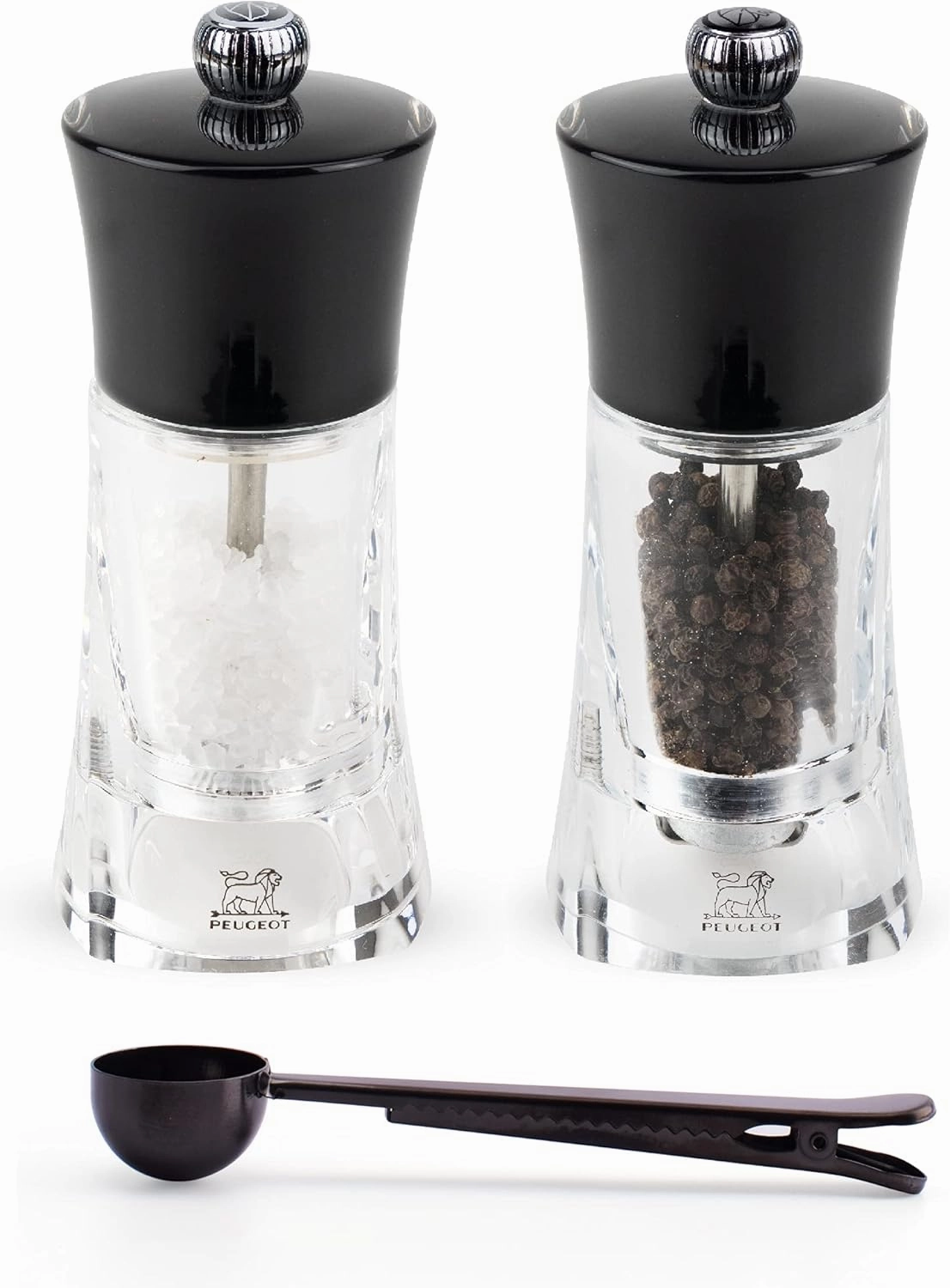 Peugeot Molene Salt & Pepper Mill Gift Set, 5.5-Inch, Black - With Stainless Steel Spice Scoop/Bag Clip (Salt & Pepper Mill Set)