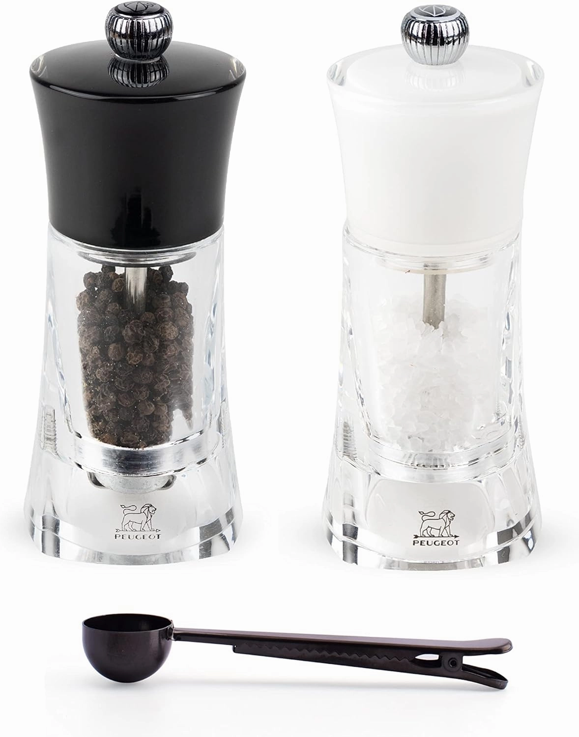 Peugeot Molene White Salt & Black Pepper Mill Gift Set, 5.5-Inch, With Stainless Steel Spice Scoop/Bag Clip