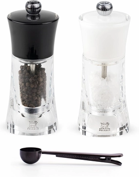 Peugeot Molene White Salt & Black Pepper Mill Gift Set, 5.5-Inch, With Stainless Steel Spice Scoop/Bag Clip