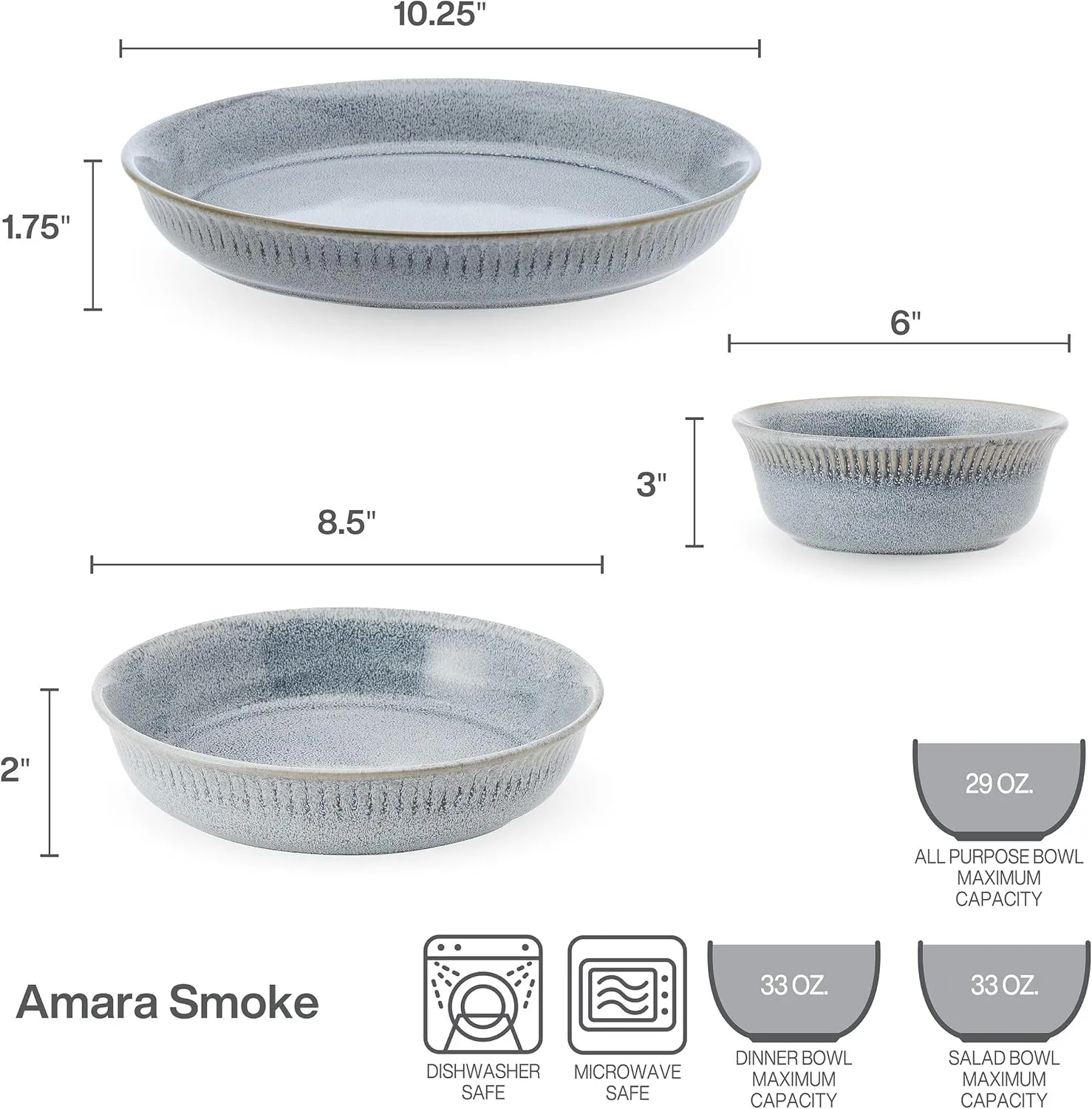 Pfaltzgraff Amara Smoke 6 Piece Dinnerware Bowl Set, Service for 2, Smoke