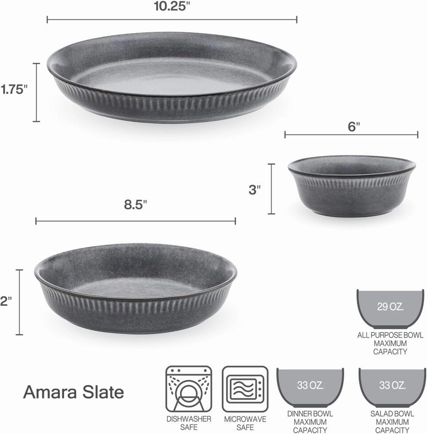 Pfaltzgraff Amara Slate 6 Piece Dinnerware Bowl Set, Service for 2, Gray