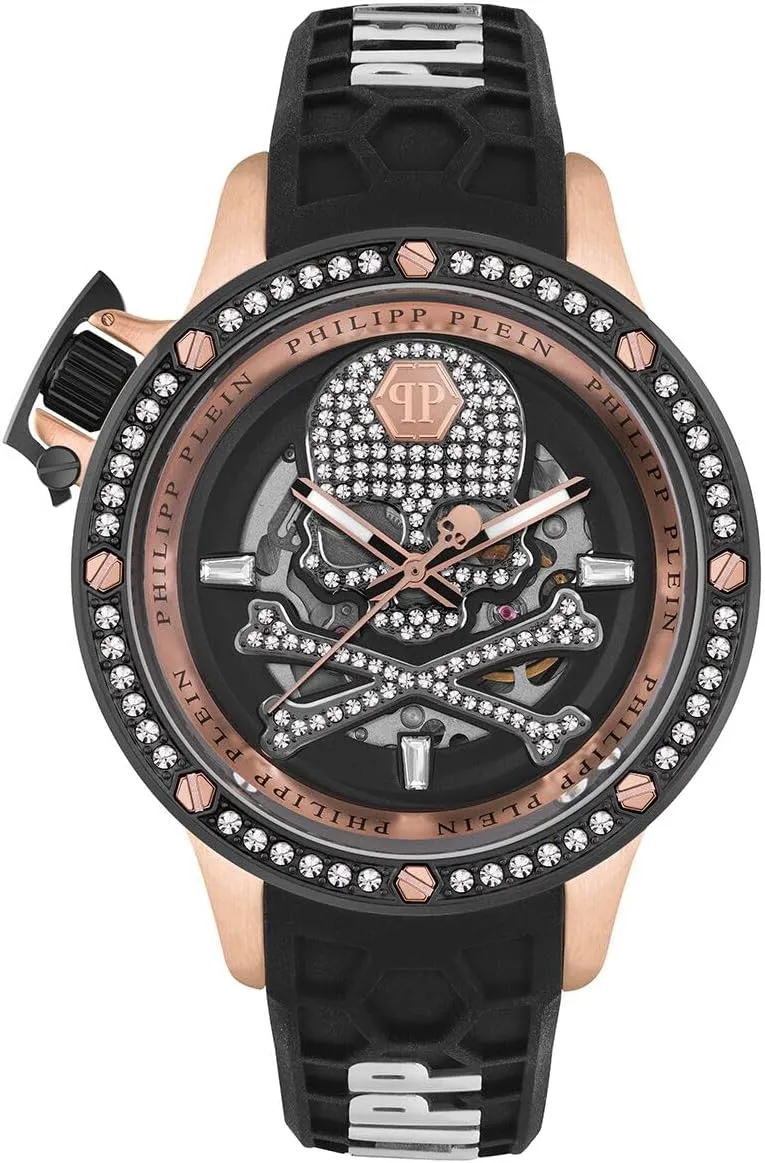 Philipp Plein Plein Rich Collection Luxury Mens Watch Timepieces with a Black Strap Featuring a IP Rose Gold Case and a Grey Dial
