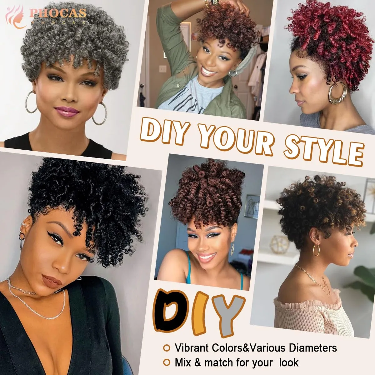 PHOCAS 10Inch 5-Packs Short Curly Crochet Hair for Women 12MM Braids Synthetic Hair Crochet Tapered Cut for DIY Mohawk Ponytail Afro Braided Wigs（#1B/27)