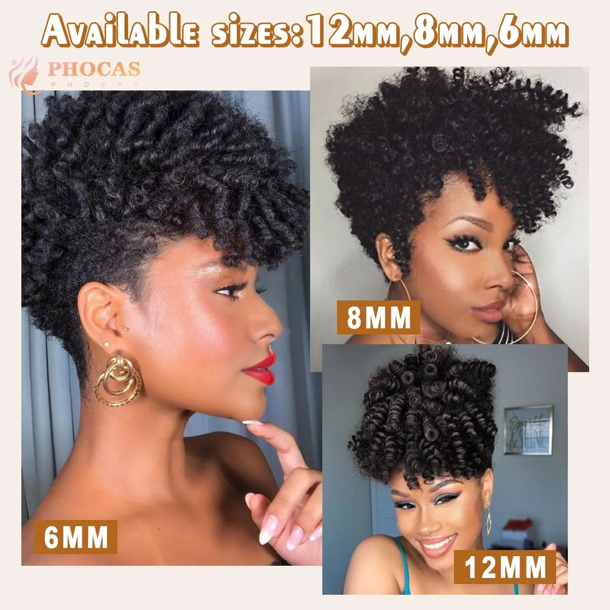 PHOCAS 10Inch 5-Packs Short Curly Crochet Hair for Women 12MM Braids Synthetic Hair Crochet Tapered Cut for DIY Mohawk Ponytail Afro Braided Wigs（#1B/27)