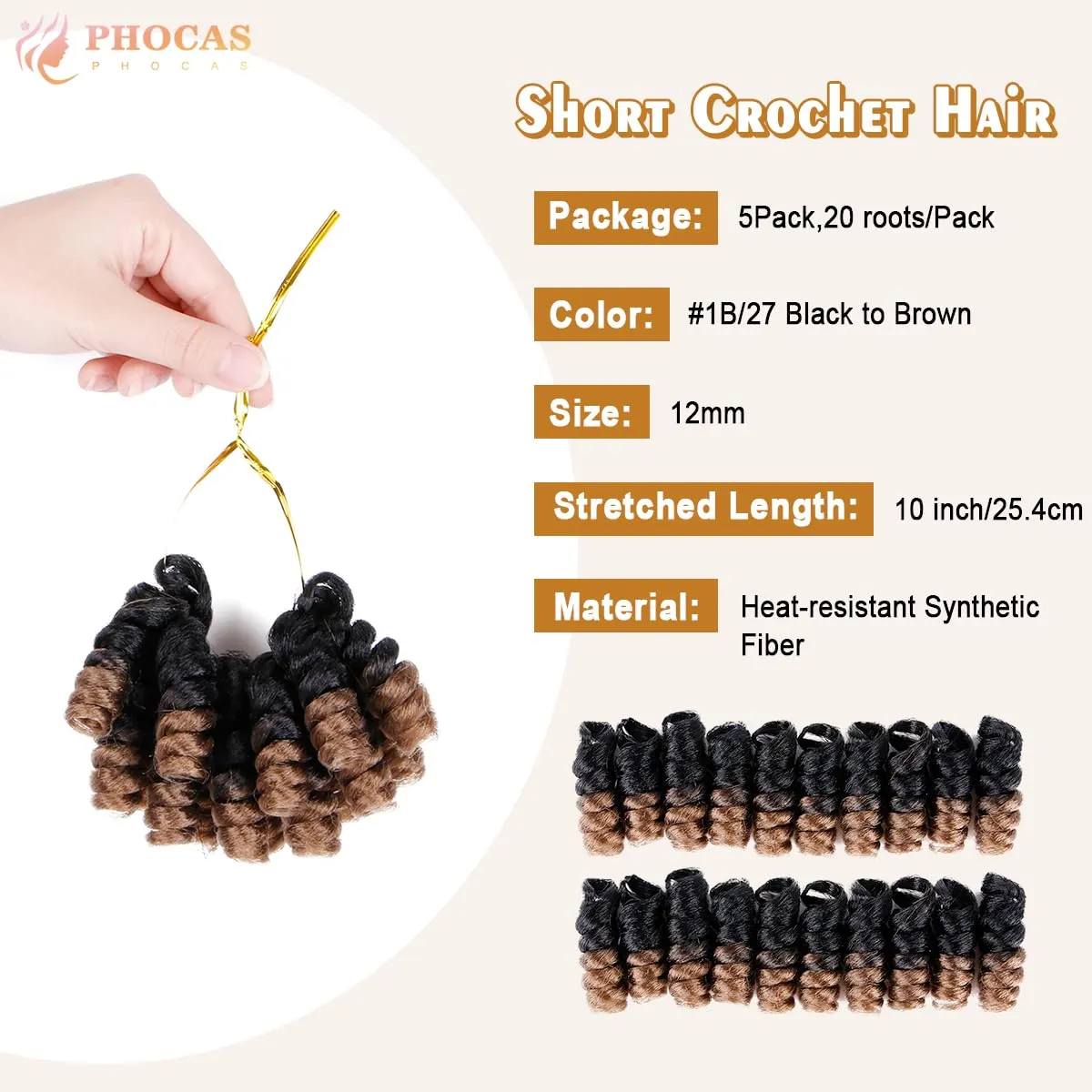 PHOCAS 10Inch 5-Packs Short Curly Crochet Hair for Women 12MM Braids Synthetic Hair Crochet Tapered Cut for DIY Mohawk Ponytail Afro Braided Wigs（#1B/27)