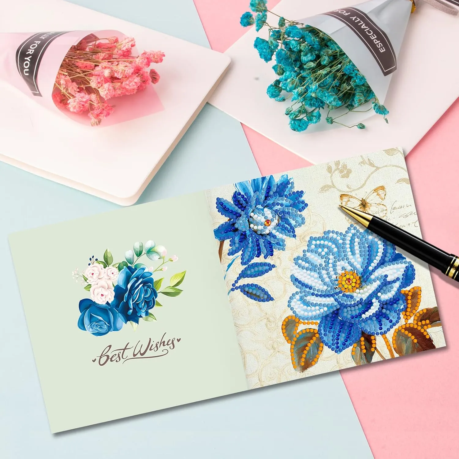 pigpigboss 12 Packs Happy Birthday Diamond Painting Cards, Thank you Diamond Art Greeting Cards with Envelop, Flower Girl Diamond Painting Birthday Card Arts Crafts for Adult Beginner